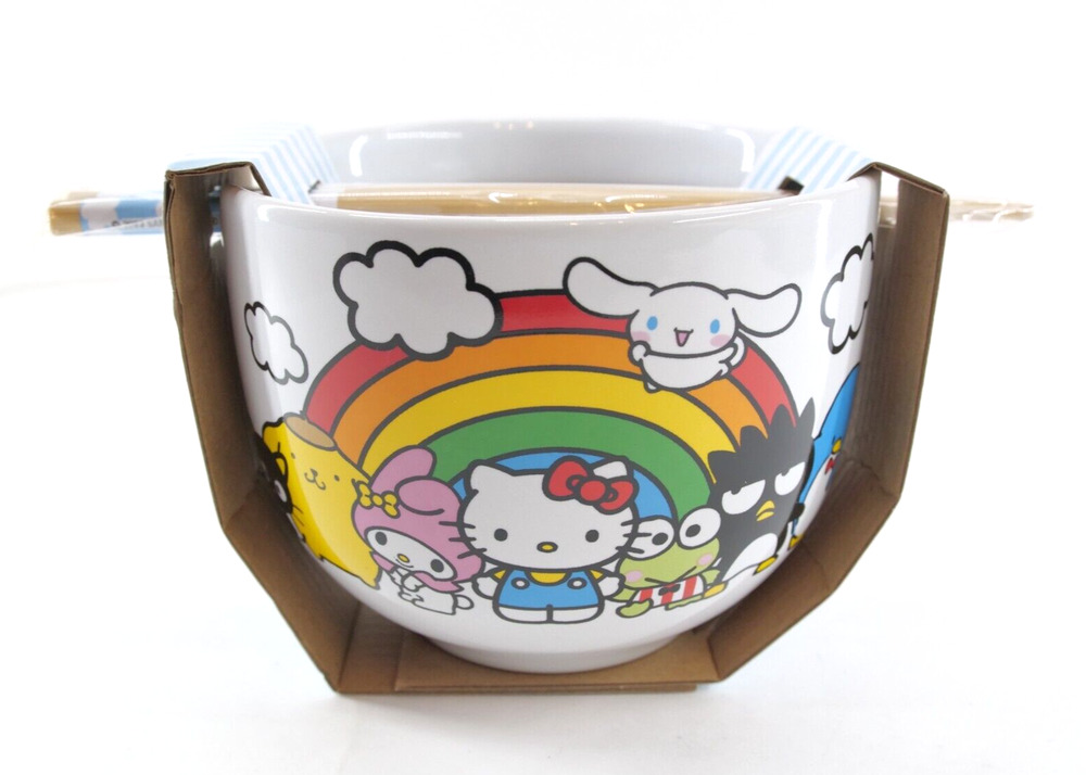 Hello Kitty And Friends Ceramic Ramen Noodle Bowl With Chopsticks Sanrio NEW